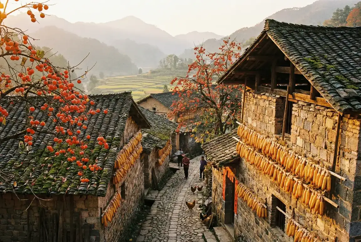 秋天的古村落，柿子树挂满红果，玉米晾晒在墙上 - 黑丝写真 秋收景象